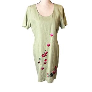 Positive Influence Linen Blend Dress Floral Embroidered Green Sz 12 Short Sleeve